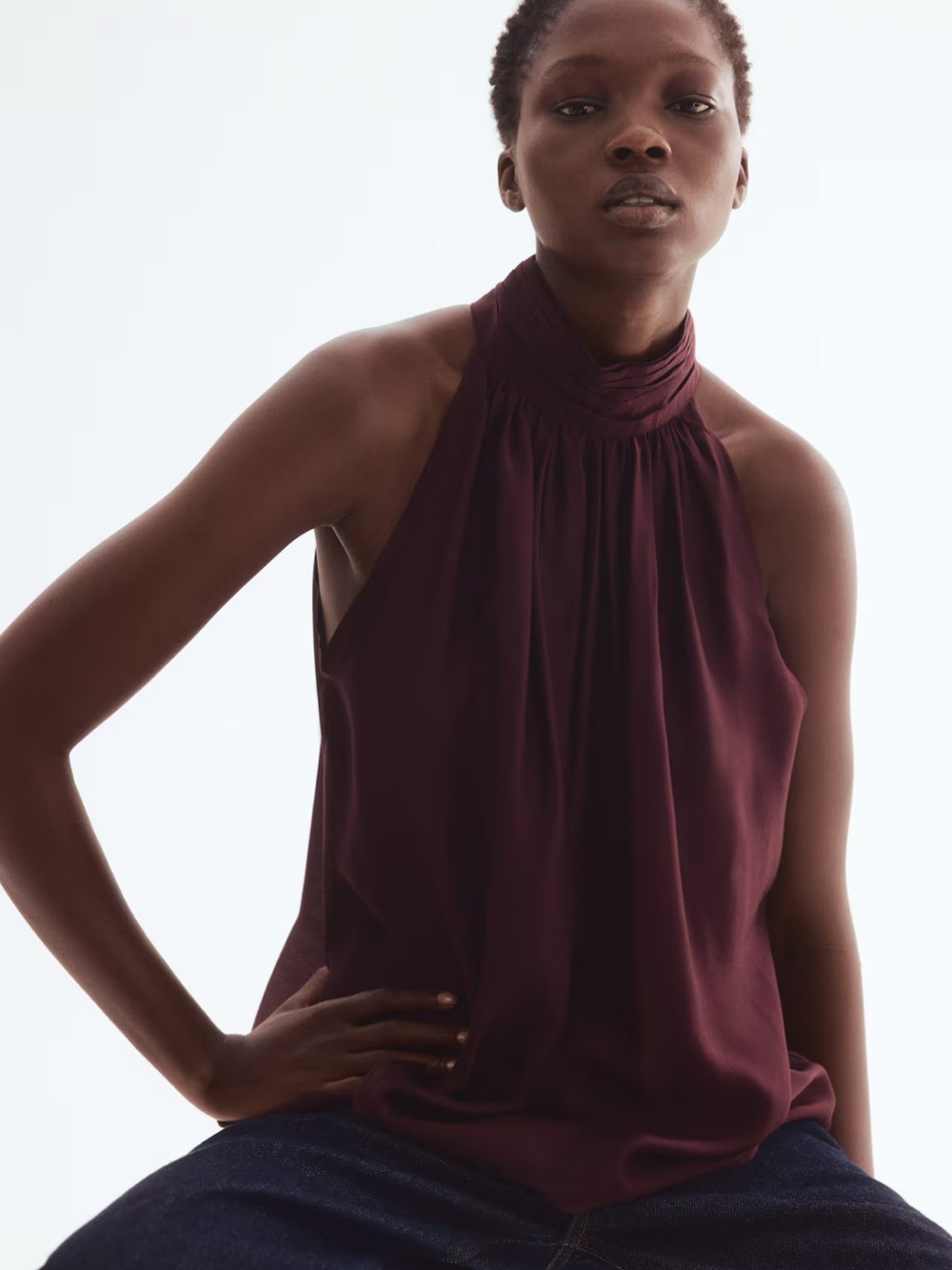 H&M Plum Sleeveless Pleated High-Neck Blouse